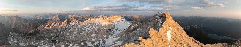 Sunrise, Alpine panorama, aerial view, Zugspitze and Zugspitzplatt with glacier, high mountains, Bavaria, Germany, Europe