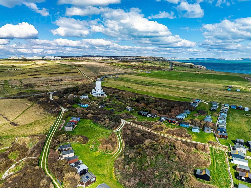 Portland Bird Observatory from a drone, Bill Lighthouse, Portland Bill, Isle of Portland, Dorset, England, United Kingdom, Europe