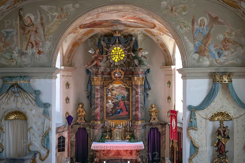 Altar with Lenten cloth, 18th century, St Laurentius and Agatha Church, Frankenhofen, Kaltental, Ostallgäu, Bavaria, Germany, Europe