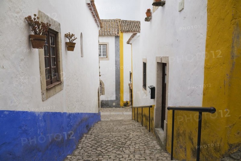 Old street with mosaic style paving stone stairs and white roughcast buildings with blue and yellow painted stripes, Medieval city of Obidos, Portugal, Europe