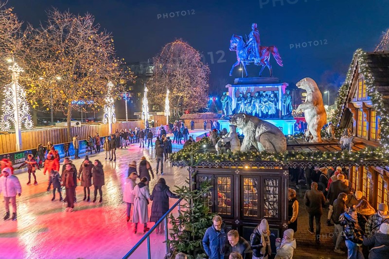 Christmas market with ice rink at Heumarkt, in the historic city centre of Cologne, North Rhine-Westphalia, Germany, Europe