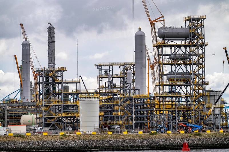 New building, construction site, of a bio-refinery of the Finnish oil company Neste, here, among other things, sustainable bio aviation fuels are to be produced, construction site in the harbour Maasvlakte 2, in Rotterdam, Netherlands