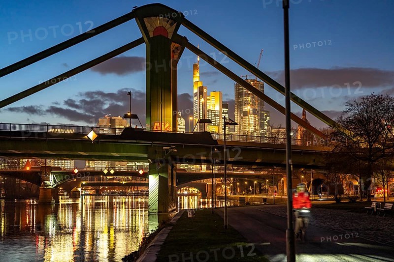 Skyline of the city centre of Frankfurt am Main, raft bridge over the river Main, dusk, Hesse, Germany, Europe