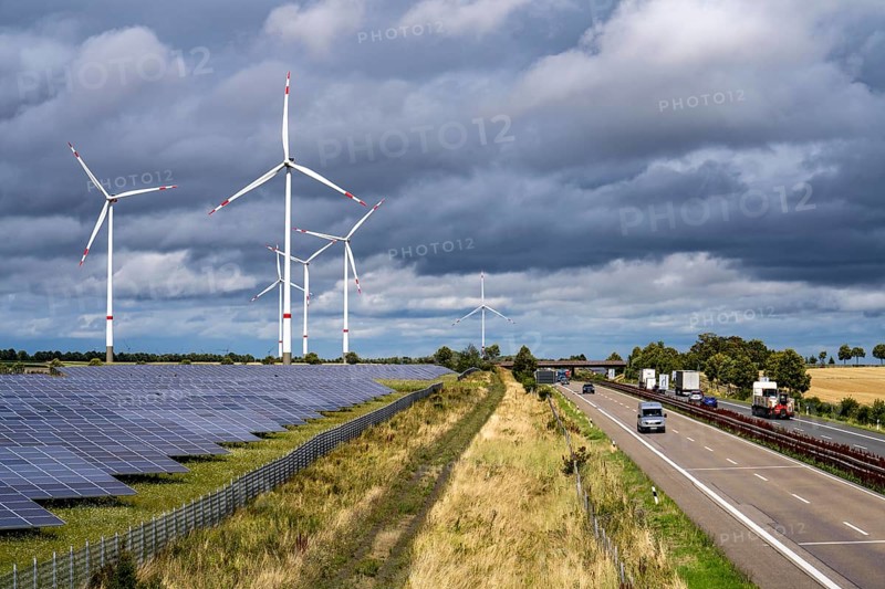 Solar park and wind farm near Morschheim, on the A63 motorway, belongs to the municipality of Kirchheimbolanden, Rhineland-Palatinate, Germany, Europe
