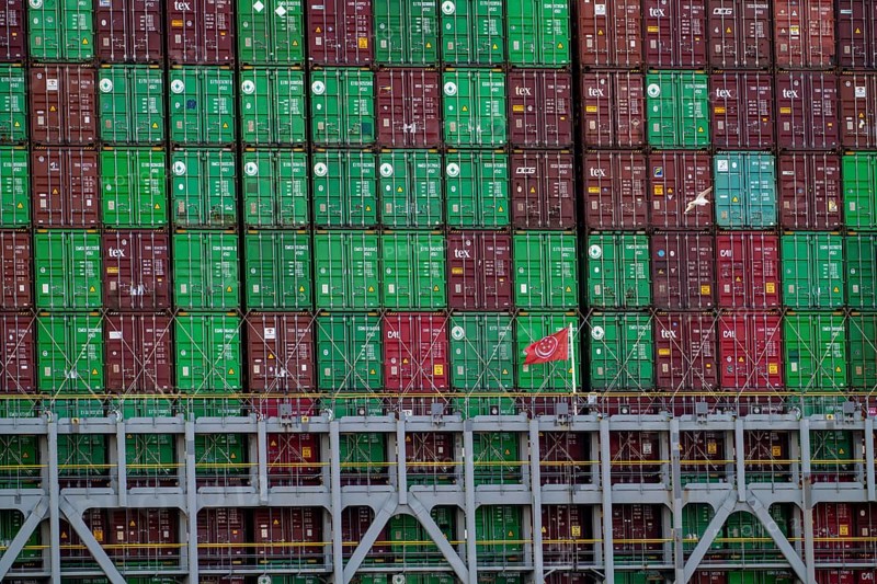Container ship Ever Gifted, arriving in the port of Hamburg, shipping company Evergreen, Singapore, 399 metres long, can carry over 20, 000 containers, Hamburg, Germany, Asia