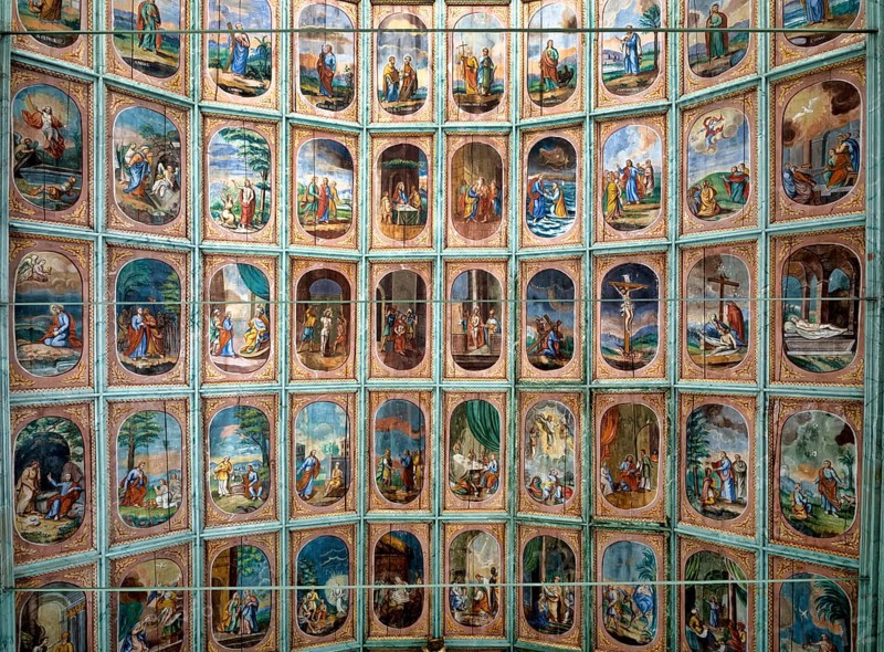 Church ceiling, wooden ceiling with New Testament scenes, apostles and the secondary patrons, Heiligblut Chapel, Willisau, Canton Lucerne, Switzerland, Europe