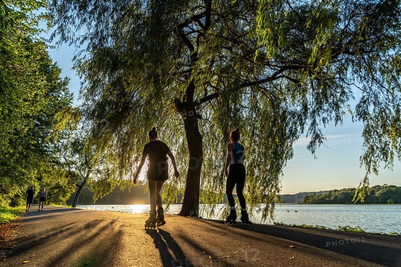Inline skaters on Lake Baldeney, around 14 kilometres around the Ruhr reservoir, summer evening on the eastern shore, Essen, North Rhine-Westphalia, Germany, Europe