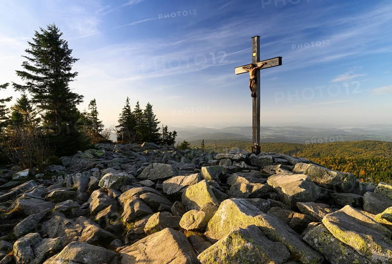 Summit cross on the Lusen (1373m), morning light, Bavarian Forest National Park, Bavaria, Germany, Europe
