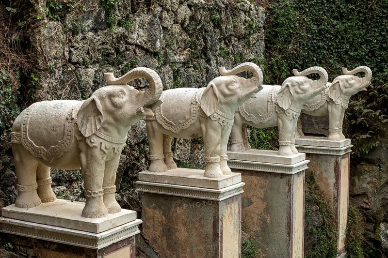Indian elephant statues at the Indian Villa, Palazzina Indiana, Scherrer Park, Parco Scherrer, Morcote, Lake Lugano, Lago di Lugano, Canton Ticino, Switzerland, Europe