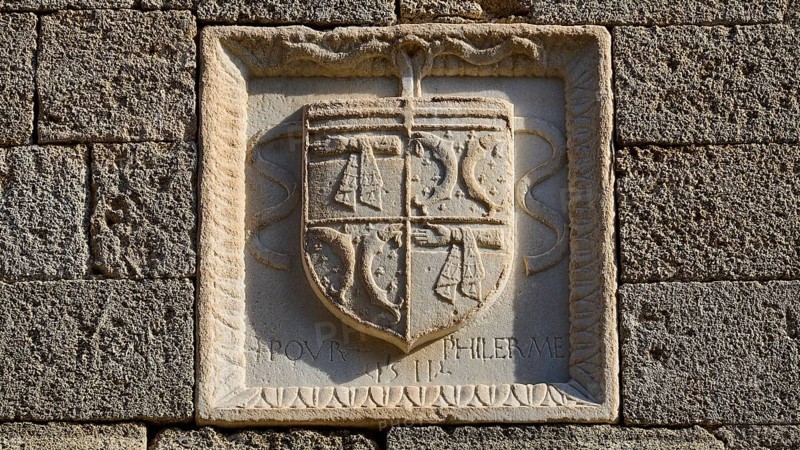 Small square stone relief with a coat of arms and a partially legible inscription, Knights' Street, Rhodes Old Town, Rhodes Town, Rhodes, Dodecanese, Greek Islands, Greece, Europe