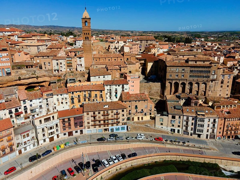 Aerial view of a historic city with a striking tower and many tiled roofs, aerial view, church, Iglesia de Santa María Magdalena, bishop's palace, Palacio Episcopal, Tarazona, Zaragoza, Aragon, Spain, Europe