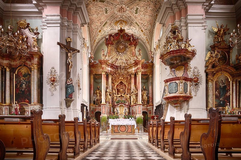 Interior view, high altar with miraculous image in the centre, pilgrimage church Parish Church of Our Lady of Sorrows, Riffian, Rifiano, South Tyrol, Autonomous Province of Bolzano, Italy, Europe
