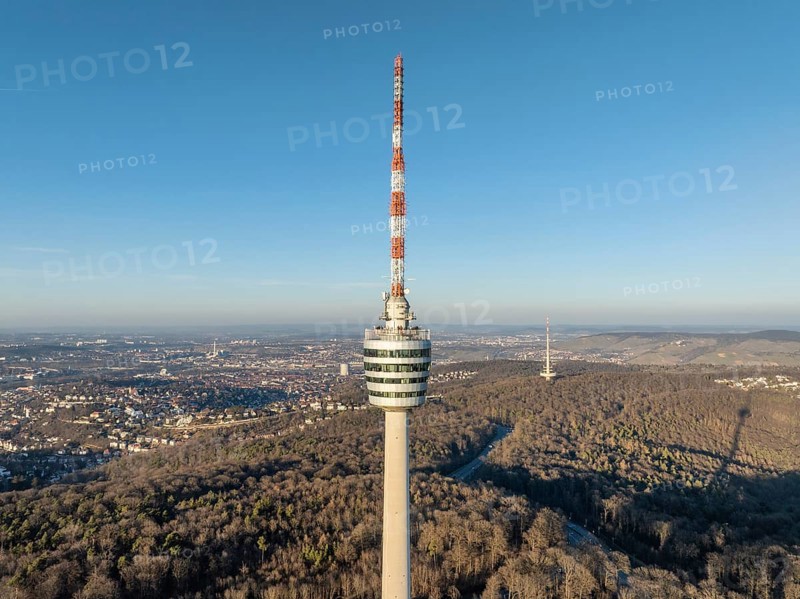 Aerial view of the 216.6 metre high Stuttgart television tower, observation tower, restaurant, radio transmitter, tourist attraction and historical landmark of the state capital Stuttgart, in operation since 1956. Behind it the telecommunications tower, Stuttgart, Degerloch, Baden-Württemberg, Germany, Europe