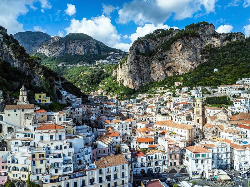 Amalfi from a drone, Salerno, Campania, Italy, Europe