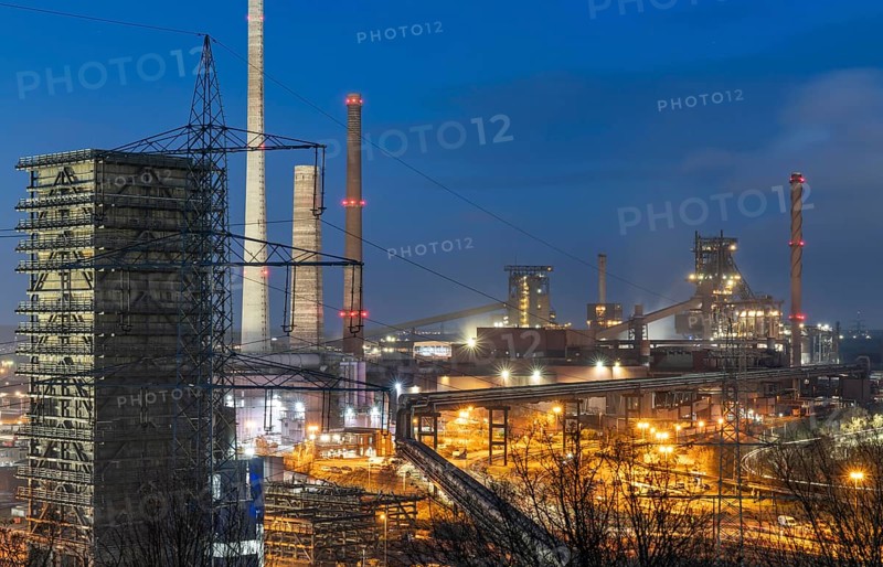 The Thyssenkrupp Steel steelworks in Duisburg-Marxloh, on the Rhine, quenching tower of the coking plant, blast furnaces 1 and 2, right, North Rhine-Westphalia, Germany, Europe