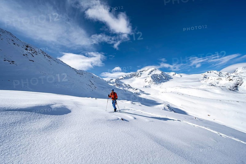 Ski tourers in a snow-covered mountain landscape, mountain peak Monte Cevedale and glacier Zufallferner, ascent to the summit Köllkuppe or Cima Marmota, Ortler Alps, Vinschgau Valley, Italy, Europe