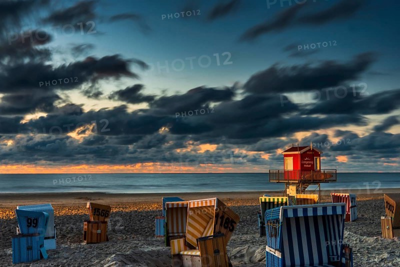Evening sky, beach chairs, beach, tourism, travel, holiday, North Sea, North Sea island, Langeoog, Germany, Europe