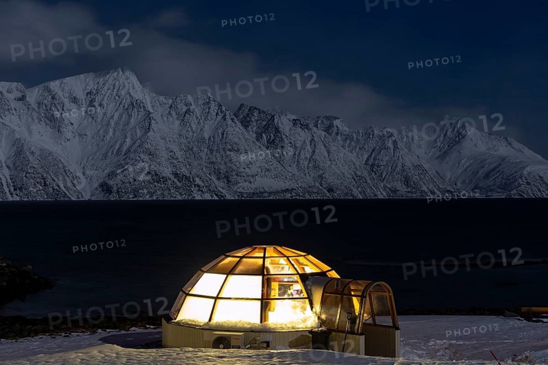 Hotel, Igloo, Lyngen North, moonlight, night shot, snow, Lyngen Alps, Norway, Europe
