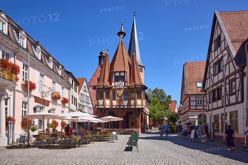 Historic town hall on the market square under a cloudless blue sky in Michelstadt, Odenwald, Odenwaldkreis, Hesse, Germany, Europe