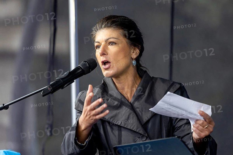 Sahra Wagenknecht, founder of the BSW (Alliance Sahra Wagenknecht, Reason and Justice) at the Die Waffen nieder demonstration on the Großer Stern in Berlin. The event is directed against all wars and calls for an immediate stop to all arms deliveries. Berlin, 03.10.2024