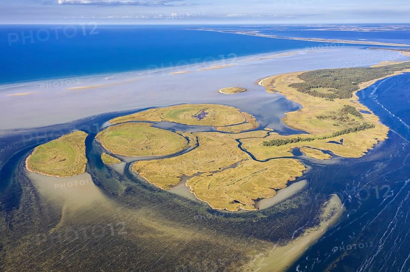 Aerial view over channels and salt marshes of the island group of Kleiner Werder, Kleine Werder in the Baltic Sea, Mecklenburg-Vorpommern, Germany, Europe