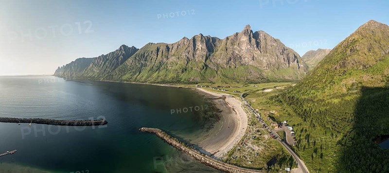 Panoramic aerial view of campsite at beach Ersfjordstranden, fjord Ersfjord, golden restroom, Senja island, Troms, northern Norway, Norway, Europe