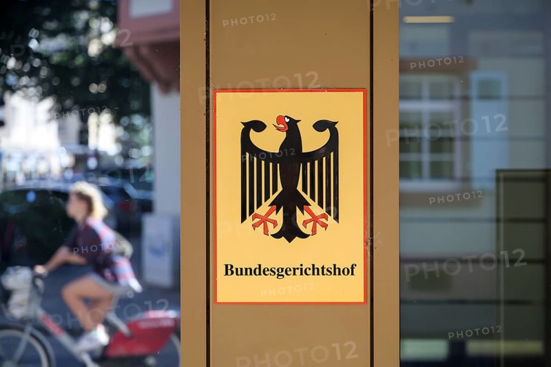 Karlsruhe, Baden-Württemberg, Germany, Federal Court of Justice, sign with the Federal Eagle emblem and lettering in front of the Federal Court of Justice building, Europe