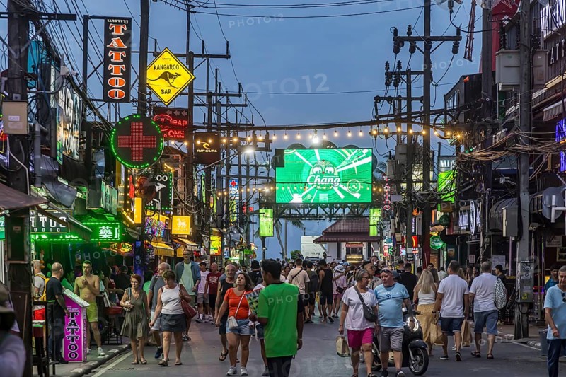 Crowds of people on Bangla Street in the evening. Nightlife on Bangla Walking Street with go-go bars, clubs, cannabis bars and extreme loudness. Patong, Kathu, Phuket Island, Thailand, Asia