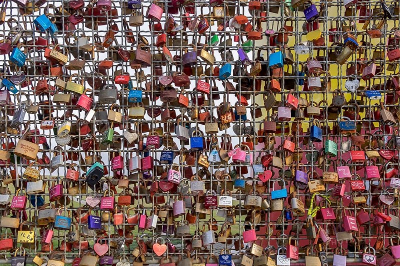Lattice with love locks, at the Pilsum lighthouse, Pilsum, Krummhörn, Lower Saxony, Germany, Europe