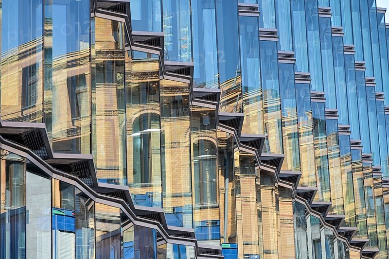 Robert Koch Forum reflected in glass façade opposite, Hertie School private university, building complex, Dorotheenstraße, Mitte, Berlin, Germany, Europe