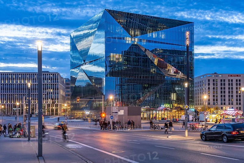 The modern Cube Berlin office building on Washingtonplatz at dusk, Berlin, Germany, Europe