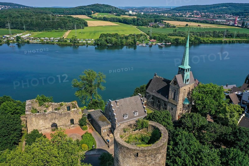 Wetter an der Ruhr, North Rhine-Westphalia, Germany - Town view of Wetter an der Ruhr with Wetter Castle on Lake Harkort