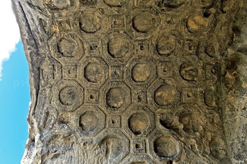 Remains of a barrel vault with a coffered ceiling carved in stone in the Tamaras Hall of the fortress and cave city of Uplistsikhe near Gori, Georgia, Asia