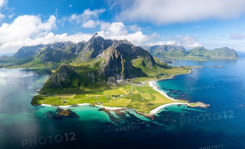 View of Flakstad and the beach at Skagsanden, Lofoten, Norway, Europe