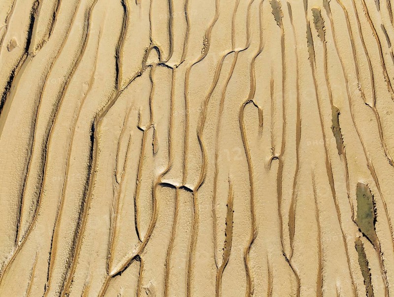 Network of channels and streams at low tide. In the marshland adjacent to the Odiel river. Aerial view. Drone shot. Huelva province, Andalusia, Spain, Europe