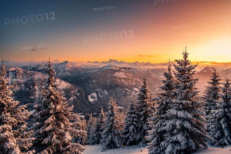 A Winter Wonder Land sunset hiking tour in the snow on the Edelsberg near Nesselwang in the Allgäu in Bavaria, Germany, Europe