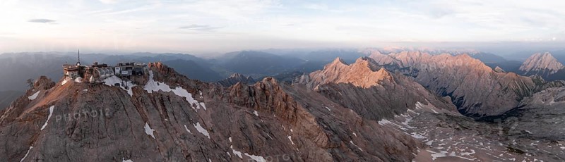 Alpine panorama, aerial view, Zugspitze and Zugspitze railway, high mountains, Bavaria, Germany, Europe