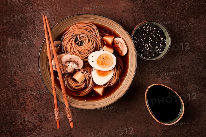 Asian soba soup, with mushrooms and egg, cheese, sesame seeds, homemade, no people