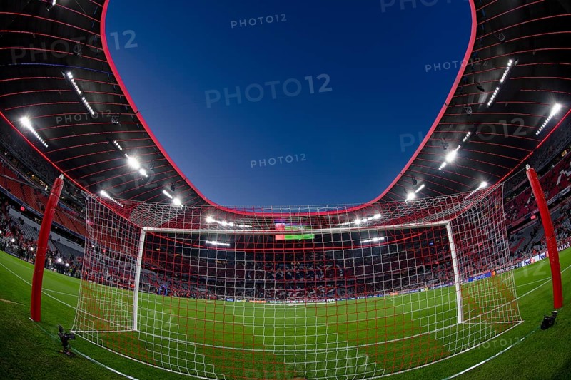 Overview, interior, floodlit match, behind-the-goal perspective, goal net, blue hour, fisheye shot, Champions League, Allianz Arena, Munich, Bavaria, Germany, Europe