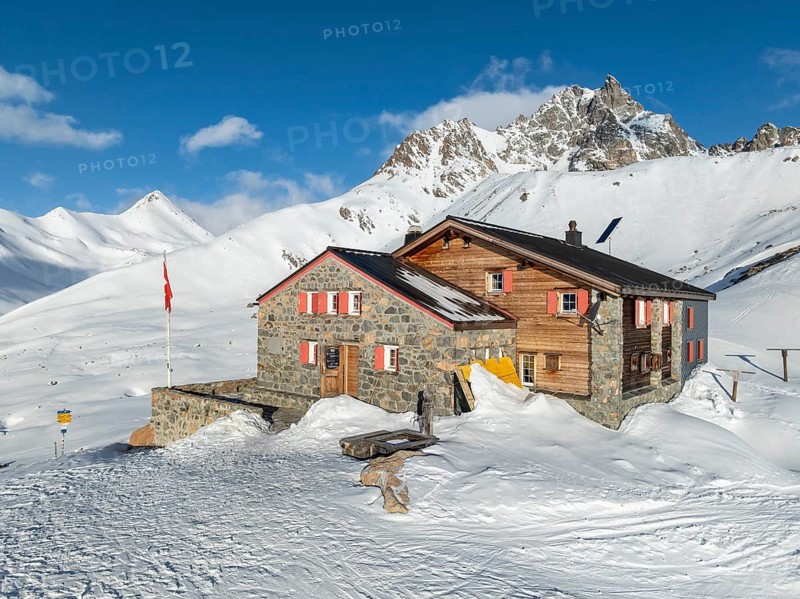 SAC Alpine Club hut in winter, Chamanna d'Es-cha, Pitz Blaisun, Albula Alps, Grisons, Switzerland, Europe