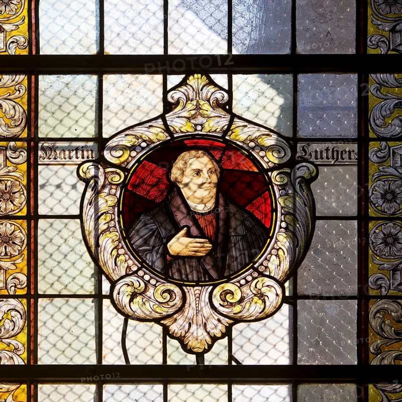 Stained glass window with Martin Luther in the Evangelical Lutheran Market Church of St Cosmas and Damian, Goslar, UNESCO World Heritage Site, Lower Saxony, Germany, Europe
