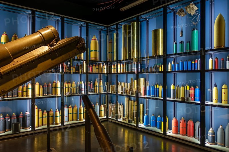 British and German WW1 colour coded artillery shells at WWI Passchendaele Museum about the Third Battle of Ypres, Zonnebeke, West Flanders, Belgium, Europe