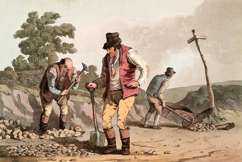 Scene from everyday life in England around 1810, stone crusher on the street, historical, digitally restored reproduction from a 19th century original, date unknown