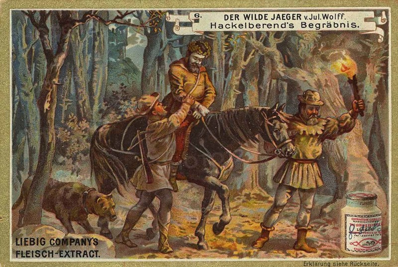 Picture series The Wild Hunter by Jul. Wolff, Begräbnis von Hackelberend, Liebig painting, digitally restored reproduction of a collective painting from ca. 1900, public domain, exact date unknown, horse leads hunter to burial in the forest at night