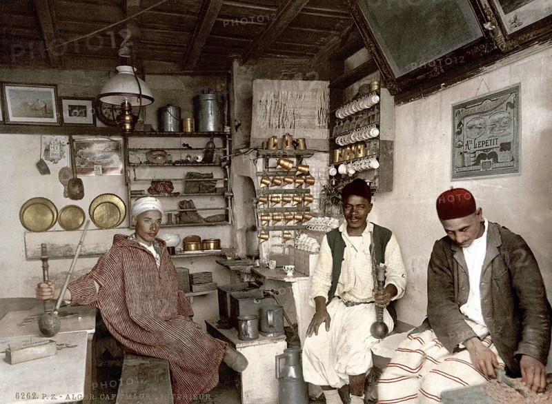 Moorish coffee house, Algiers, Algeria, ca 1890, Historical, digitally restored reproduction from a 19th century original, Record date not stated, Africa