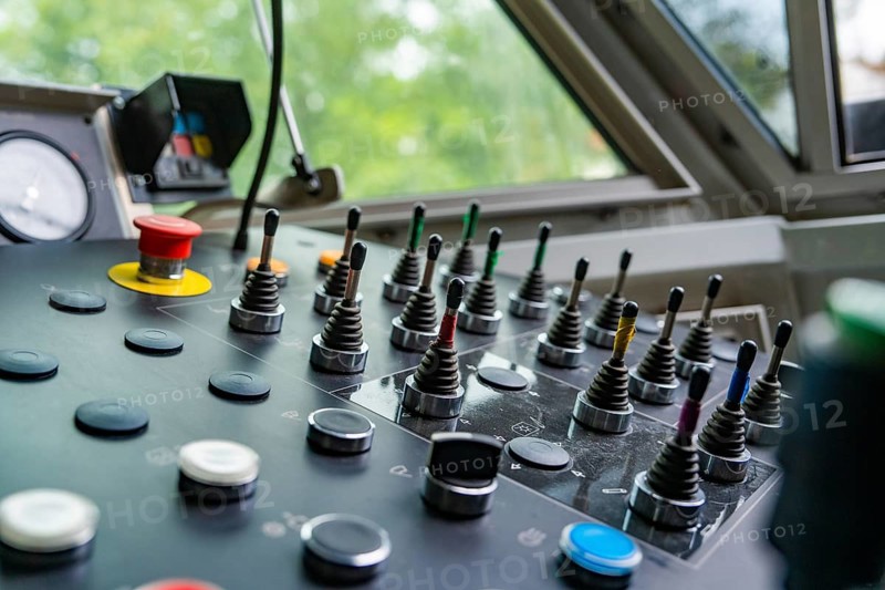 Industrial control panel with levers and various buttons, close-up, track construction Hermann Hesse railway, Calw district, Black Forest, Germany, Europe