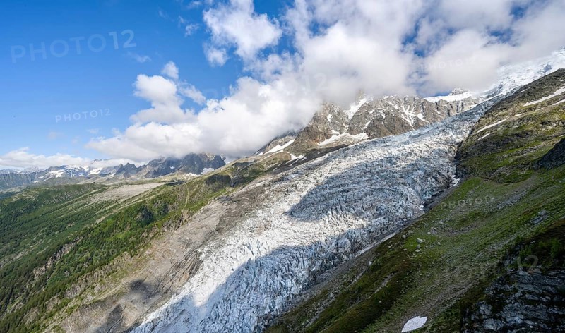 Mountain landscape with glacier Glacier des Bossons and summit of the Aiguille du Midi, Chamonix, Haute-Savoie, France, Europe