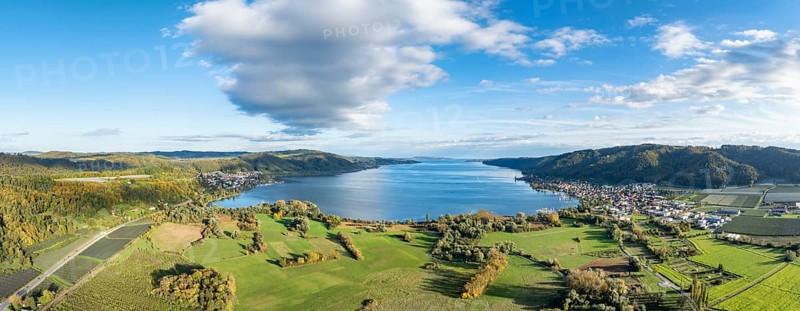 Aerial view, panorama of the Stockach Aach estuary with autumnal vegetation at the northwest bay of Lake Überlingen, on the left the village of Ludwigshafen, on the right the village of Bodman with the Bodanrück, Lake Constance, Constance district, Baden-Württemberg, Germany, Europe