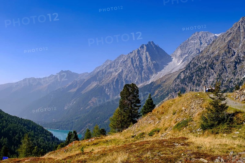 At the Staller Sattel, with Lake Antholz, behind Hochgall, between the Antholz Valley, South Tyrol Italy and the Defereggen Valley, East Tyrol, Austria, Europe