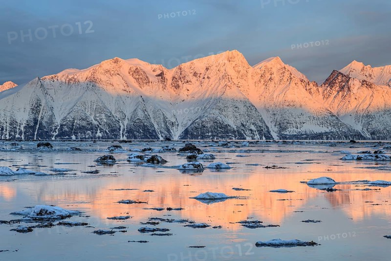 Morning light, mountains, snowy, reflection, sea, coast, fjord, winter, Lyngen Alps, Norway, Europe